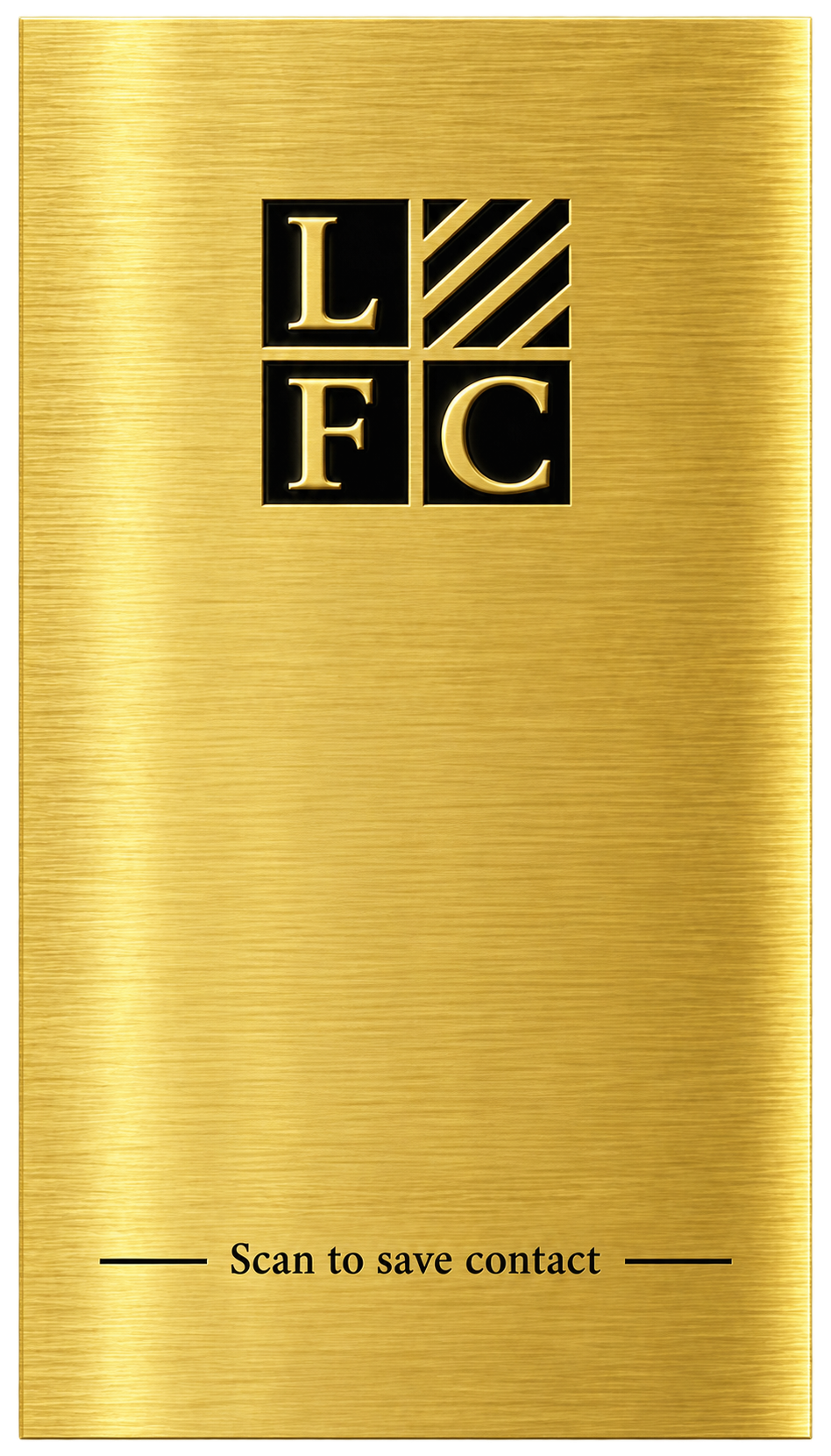 Lex Fidelis Chambers gold business card back with its embossed LFC monogram